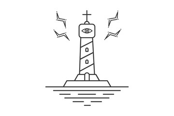 Line style logotype template with lighthouse. Isolated on background and easy to use. Lighthouse on horizon. Clean and minimalistic symbol. Travel concept.