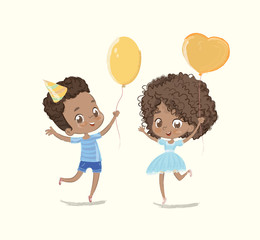 Baby Birthday Party Balloon Dance Poster. African American Boy Character have Fun with Girl Friend. Greeting Card Design. Flat Vector Cartoon Illustration.