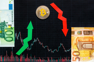 unprofitable investment of virtual money bitcoin. Green red arrow, silver Bitcoin and euro go down on black paper forex chart index rating market background. Concept of depreciation of cryptocurrency. - obrazy, fototapety, plakaty