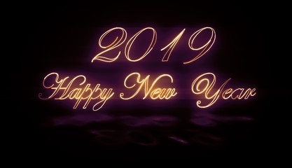 Neon Happy New Year celebration greeting and banner 2019