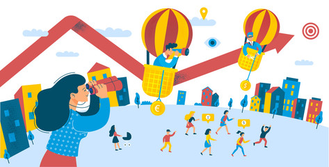 Fototapeta premium Growth of People Investment for Divident Profit. City Scene Group of People Opportunity Raise Money Investing Concept. Looking for Success. Flat Cartoon Vector Illustration.