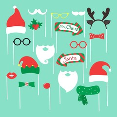 Set of piece photo booth props for Merry Christmas and Happy New Year. Vector illustration. - obrazy, fototapety, plakaty