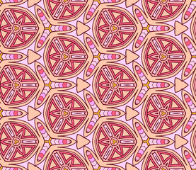 Seamless hexagonal pattern from circular abstract geometrical ornaments multicolored in pink shades on a light lilac background. Vector illustration. Suitable for fabric, wallpaper and wrapping paper