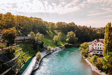 Fototapeta na wymiar Aare river shot from Untertorbrucke bridge, Bern - Switzerland