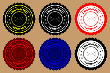 Merry Christmas and happy new year, Christmas Post, North Pole, envelope, (seal, rubber stamp, sticker) vector, black, white, yellow, red, blue,