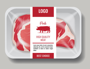 High quality products for cooking, meat, pork and beef in package with label template, gourmet food, delicacy, meat package vector illustration