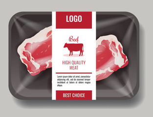 High quality products for cooking, meat, pork and beef in package with label template, gourmet food, delicacy, meat package vector illustration