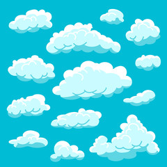 Set of different shape cartoon white clouds on blue background, cloudy sky, vector illustration