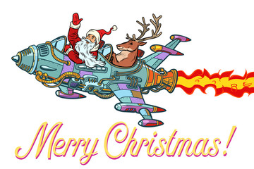 Merry Christmas. Retro Santa Claus with a deer flying on a rocke