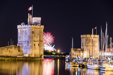 La Rochelle, France. Fireworks of La Palmyre of Aug 5 2018 at the Old Harbor (Vieux Port), with the...