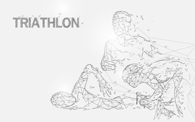 Swimming, cycling and running in triathlon game form lines, triangles and particle style design. Illustration vector - obrazy, fototapety, plakaty
