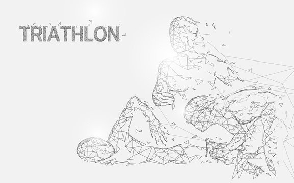 Swimming, cycling and running in triathlon game form lines, triangles and particle style design. Illustration vector