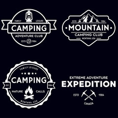 Obraz premium Summer camp with design elements. Camping and outdoor adventure emblems. Vintage typography design with mountain, lamp and campfire silhouette.