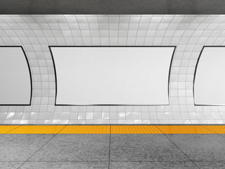 Blank horizontal billboard on the metro station. 3D rendering.