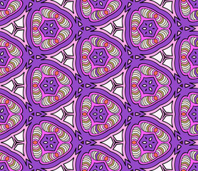 Seamless hexagonal pattern from circular abstract floral ornaments multicolored in pink and violet shades on a background. Vector illustration. Suitable for fabric, wallpaper and wrapping paper