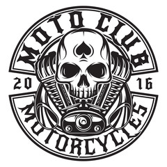 Monochrome vector pattern on the theme of moto with skull and engine