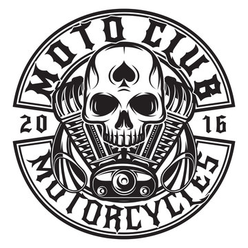 Monochrome vector pattern on the theme of moto with skull and engine