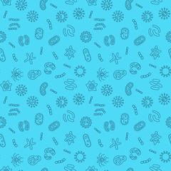 Bacteria and microbe organism vector blue seamless pattern or background in thin line style