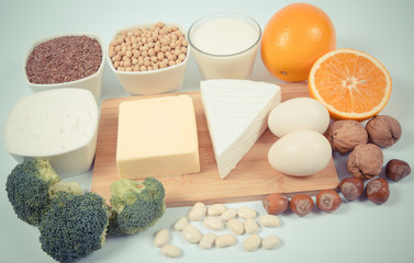Food products containing a large amount of calcium isolated on white background.