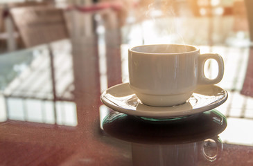 Coffee brake set,cups of hot coffee espresso on the table and light background