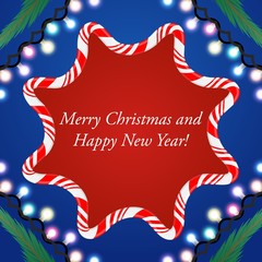 Merry Christmas card with candy frame, branch and garlands