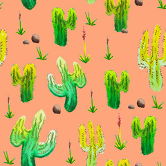 Seamless pattern of hand drawn watercolour cactus