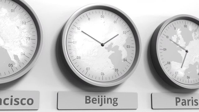 Focus on the clock showing Beijing, China time. Conceptual 3D animation