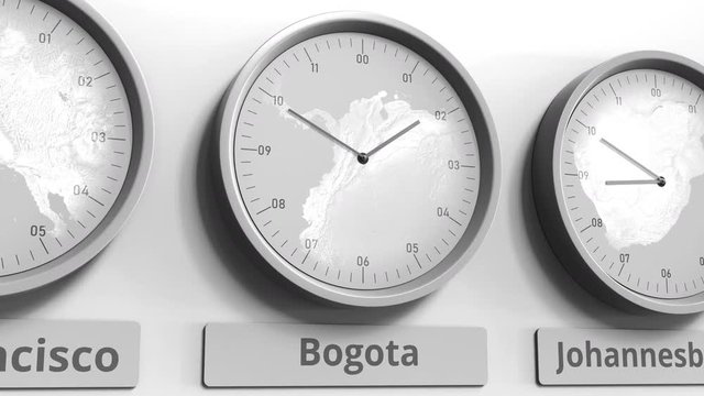 Focus on the clock showing Bogota, Colombia time. Conceptual 3D animation