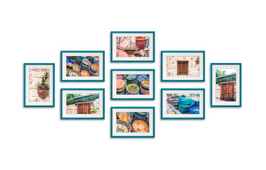 Photo frames with street design photography, colorful pictures in old city, Nine green frameworks collage. Interior decor mock up