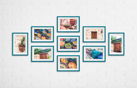 Photo frames with street design photography, colorful pictures in old city, Nine green frameworks collage on white bricks wall. Interior decor mock up