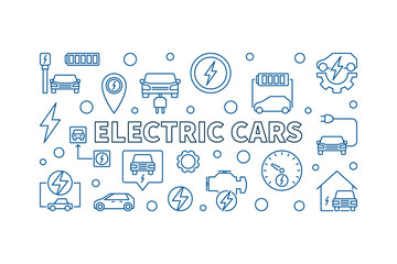 Electric Cars vector horizontal illustration or banner in outline style