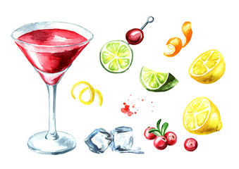 Cosmopolitan cocktail set. Watercolor hand drawn illustration, isolated on white background