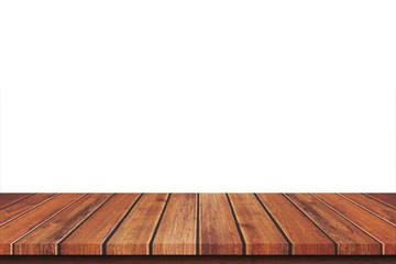 Empty brown wood table top isolated on white background