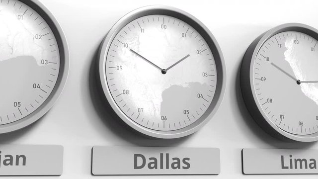 Clock shows Dallas, USA time among different timezones. Conceptual 3D animation