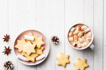 Christmas composition. Hot chocolate and cookies. Christmas, winter concept. Flat lay, top view