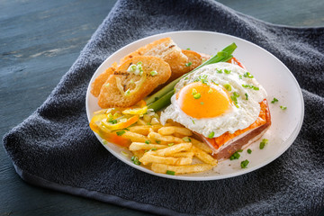 Fried egg with bacon in a plate with fried pieces of bread, greens and french fries on a gray wooden table. Close-up