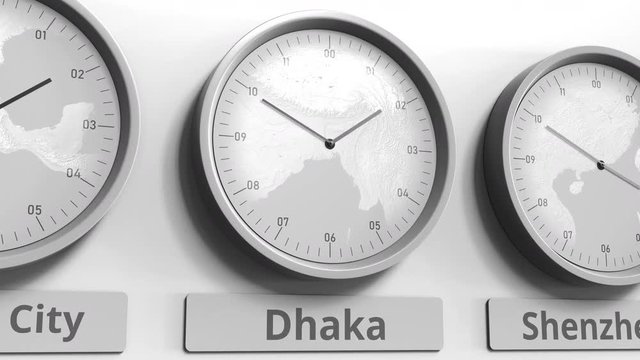 Round clock showing Dhaka, Bangladesh time within world time zones. Conceptual 3D animation