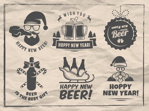 New year craft beer badges and stickes. Vector christmas beer logos with Santa, bottles, mugs, sleigh and holiday decoration for bar or pub. Vintage paper background.
