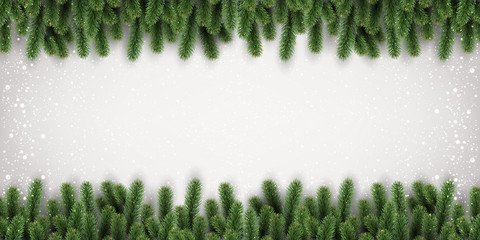 Christmas white background with frame of tree branches with lights, snowflakes. Xmas theme. Vector Illustration