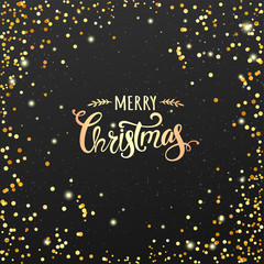 Christmas black background with Christmas wreath of tree branches, berries, lights, snowflakes. Xmas theme. Vector Illustration