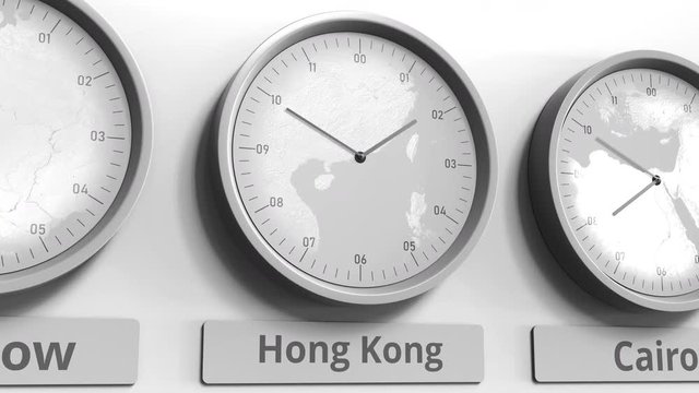 Round clock showing Hong Kong, China time within world time zones. Conceptual 3D animation