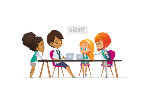 Happy Girl Scouts And Female Troop Leader Learning Programming During Lesson, Concept Of Coding For Children In Scouting Camp. Vector Illustration.