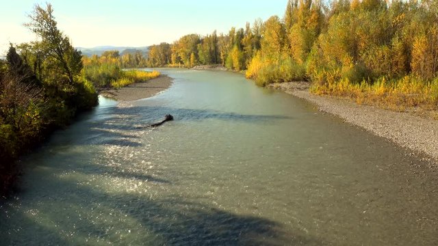 view of river running through autumnal forests near the village of Vignola, Modena in Italy