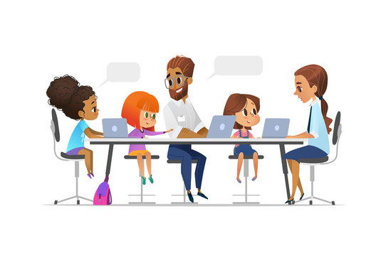 Happy children, tutor and teacher sitting at laptops and learning programming during school lesson. Coding for kids concept. Vector illustration for website, advertisement, poster.