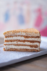 Delicious honey cake on white plate