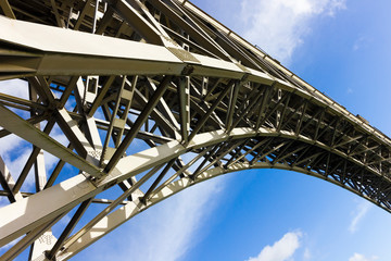 Fototapeta na wymiar Steel curve of Britannia Bridge, Anglesey, North Wales