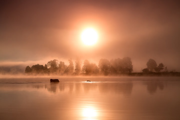 Bajeczny wschód słońca nad rzeką przy mglistym poranku