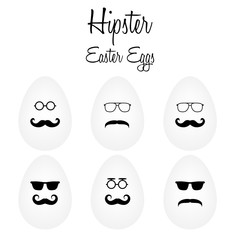 Hipster eggs set. Different  eggs with moustache and retro glasses. Easter vector illustration. .