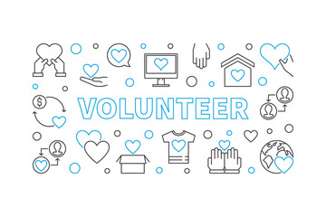 Fototapeta na wymiar Volunteer vector outline horizontal illustration. Charity and Volunteering concept linear banner on white background