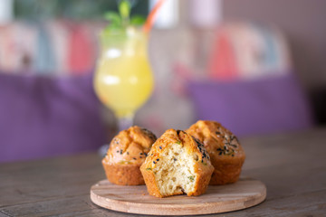 Halloumi muffin with fresh homemade lemonade on wood